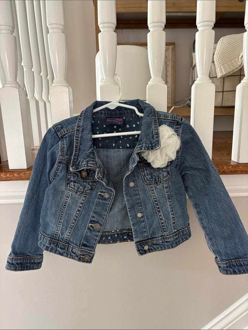 Kids Denim Jacket with Flower Accent - Blue